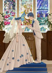  1girl 3boys absurdres anko_kinako armor back bare_shoulders blonde_hair blue_eyes blue_flower blue_hair blue_necktie blue_robe blue_vest breasts bridal_veil candle candlestand cape capelet church collared_shirt commentary_request dress dress_flower dress_shirt dress_shoes earrings eisen_(sousou_no_frieren) elf face-to-face falling_petals field flower flower_field flower_ring frieren full_body glass green_eyes green_hair grey_hair hair_flower hair_ornament heiter helmet high_ponytail highres himmel_(sousou_no_frieren) holding holding_hands holding_wand indoors jacket jewelry kneeling leaf long_hair looking_up multiple_boys mural necktie pants petals plant pointy_ears ponytail red_cape red_flower ring robe see-through_clothes see-through_veil shirt shoes shooting_star short_hair shoulder_armor side-by-side small_breasts smile sousou_no_frieren squatting stained_glass stairs standing suit suit_jacket suit_pants teardrop_earrings twintails veil vest wand wedding wedding_dress wedding_ring white_cape white_capelet white_dress white_flower white_jacket white_pants white_shirt white_shoes white_suit 