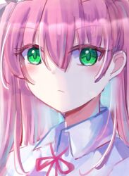  1girl absurdres aikawa_megumi close-up closed_mouth commentary_request dmc_tales2006 green_eyes heaven_burns_red highres light_blush looking_at_viewer neck_ribbon pink_hair red_ribbon ribbon shirt white_shirt 