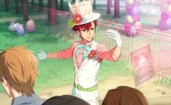  3boys animal_ears belt bow bowtie easter easter_egg egg fake_animal_ears flower gloves green_eyes hat helios_rising_heroes highres idol male_focus multiple_boys official_art open_mouth otori_akira rabbit_ears red_hair shirt sleeves_rolled_up teeth upper_teeth_only vest white_gloves 
