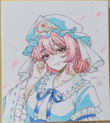  0002koko 1girl blue_hat blue_kimono blue_ribbon blush breasts closed_mouth commentary dated falling_petals frilled_kimono frilled_sleeves frills hat highres japanese_clothes kimono large_breasts long_sleeves looking_at_viewer medium_hair mob_cap neck_ribbon petals pink_eyes pink_hair pink_petals ribbon saigyouji_yuyuko shikishi signature sleeve_garter smile solo touhou traditional_media triangular_headpiece upper_body wide_sleeves 