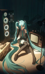  1girl absurdres aqua_hair aqua_nails aqua_necktie bare_shoulders black_sleeves closed_eyes commentary crt detached_sleeves grey_shirt hair_between_eyes hatsune_miku headset highres indoors long_hair necktie number_tattoo radio shirt sitting skirt sleeveless sleeveless_shirt solo speaker tattoo thigh-highs twintails very_long_hair vocaloid yuanjya 