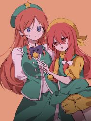  2girls beret blue_bow blue_bowtie blue_eyes bow bowtie braid breasts closed_mouth collared_shirt commentary_request cowboy_shot double-parted_bangs green_hat green_skirt green_vest hair_between_eyes hair_bow hat hat_ornament highres hong_meiling large_breasts long_hair multiple_girls open_mouth orange_(touhou) orange_background red_hair shirt short_sleeves shorts simple_background single_braid skirt soooooook2 star_(symbol) star_hat_ornament sweatdrop touhou touhou_(pc-98) vest white_bow white_shirt yellow_hat yellow_shirt yellow_shorts 