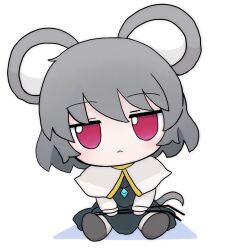  1girl animal_ears azuma_meri black_dress black_shoes capelet chibi chibi_only closed_mouth commentary_request dowsing_rod dress full_body fumo_(doll) grey_hair highres jewelry jitome long_sleeves looking_at_viewer mouse_ears mouse_girl mouse_tail nazrin necklace red_eyes shirt shoes short_hair simple_background sitting solo tail touhou white_background white_capelet white_shirt 