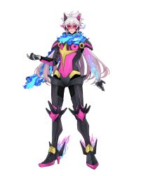  1boy cy_yu cyborg energy_boy full_body grey_hair highres indie_virtual_youtuber leg_armor long_hair mechanical_arms mechanical_legs official_art pink_visor rayman_limbs scarf standing szainx white_background 