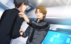  2boys black_necktie breast_pocket brown_eyes brown_hair collared_shirt facial_hair fingernails game_cg goatee hand_on_another's_shoulder happy_elements helios_rising_heroes highres indoors jay_kidman long_sleeves looking_at_another male_focus multiple_boys necktie non-web_source official_art open_mouth pocket shirt suit teeth upper_body upper_teeth_only 