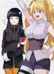  2girls absurdres asako_(itiba) black_jacket blonde_hair blue_eyes blush breasts commentary_request cosplay costume_switch facial_mark hand_on_own_hip heart highres hyuuga_hinata jacket large_breasts long_hair multiple_girls naruko_(naruto) naruto:_the_last naruto_(series) no_pupils shorts sleeveless twintails uzumaki_naruto violet_eyes whisker_markings 
