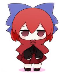  1girl azuma_meri black_shirt black_shoes bow cape chibi chibi_only closed_mouth commentary_request double-parted_bangs full_body fumo_(doll) hair_between_eyes hair_bow high_collar highres jitome long_sleeves looking_at_viewer pleated_skirt purple_bow red_cape red_eyes red_hair red_skirt sekibanki shirt shoes short_hair simple_background skirt solo standing touhou white_background 