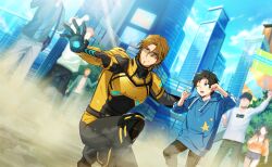  blue_hoodie blue_sky bodysuit brown_eyes brown_hair building child clouds day game_cg happy_elements helios_rising_heroes highres hood hoodie jay_kidman male_focus multiple_boys non-web_source official_art on_one_knee one_eye_closed open_mouth outdoors sky smile star_(symbol) star_print sunglasses teeth upper_teeth_only 