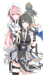  2girls absurdres adoptive_parent_and_adoptive_child aemeath_(wuthering_waves) ahoge bare_shoulders black_dress black_hair closed_mouth commentary dress earrings female_rover_(perpetual_spark)_(wuthering_waves) female_rover_(wuthering_waves) hair_ornament hair_ribbon highres jewelry long_hair mother_and_child mother_and_daughter multiple_girls nangong_seyana orange_eyes outstretched_arm parent_and_child pelvic_curtain pink_hair ponytail ribbon rover_(wuthering_waves) sleeveless sleeveless_dress smile star-shaped_pupils star_(symbol) symbol-shaped_pupils time_paradox triangle_earrings v wuthering_waves yellow_eyes yellow_ribbon 