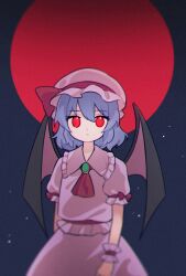  1girl ascot bat_wings blue_hair brooch closed_mouth collared_dress commentary_request cowboy_shot double-parted_bangs dress frilled_wrist_cuffs frills full_moon hair_between_eyes hat hat_ribbon jewelry looking_at_viewer mob_cap moon pink_dress pink_hat red_ascot red_eyes red_moon red_ribbon remilia_scarlet ribbon short_hair short_sleeves sleeve_bow solo soooooook2 touhou wings wrist_cuffs 