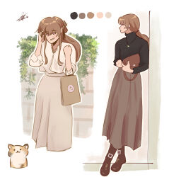  1girl absurdres bag black_sweater boots braid brown_boots brown_hair brown_skirt color_guide commentary dog earrings grey_skirt half_up_braid handbag highres jewelry long_hair multiple_views necklace outdoors parted_lips piapie06 ponytail sendai_hazuki shirt shuuniichido_classmate_wo_kau_hanashi skirt smile stud_earrings sweater turtleneck turtleneck_sweater white_shirt 
