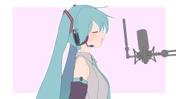  1girl aqua_hair aqua_necktie blush border closed_eyes collared_shirt commentary_request detached_sleeves double-parted_bangs from_side grey_shirt hair_between_eyes hatsune_miku headphones headset highres letterboxed long_hair mani_(manidrawings) microphone music necktie open_mouth outline outside_border pink_background pop_filter shirt sidelocks simple_background singing sleeveless sleeveless_shirt solo twintails vocaloid white_border white_outline 