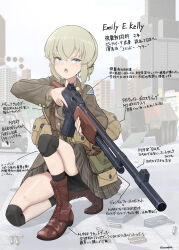  1girl armored_personnel_carrier armored_vehicle blonde_hair blue_eyes boots bullet character_name city commentary detached_magazine_(weapon) gun hair_bun highres holding holding_gun holding_weapon jacket knee_pads light_machine_gun looking_at_viewer m1918_bar machine_gun magazine_(weapon) military motor_vehicle on_one_knee open_mouth original plaid_clothes plaid_skirt pointing_out_the_details savankov school_uniform shell_casing short_hair sidelocks skirt solo tactical_school_uniform urban weapon 