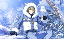  1boy belt bird bird_on_hand black_gloves day fur-trimmed_jacket fur_trim game_cg gloves green_eyes green_hair hair_over_one_eye happy_elements headset helios_rising_heroes highres hood hood_up hooded_jacket jacket keith_max looking_at_viewer male_focus non-web_source official_art one_eye_covered outdoors pants short_hair sitting sky snow solo tree turtleneck winter 