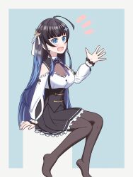  1girl :d ahoge arm_at_side assault_lily black_hair black_pantyhose black_skirt blue_background blue_eyes blue_hair blunt_bangs blush border breasts clothing_cutout commentary_request feet_out_of_frame flower frilled_skirt frilled_sleeves frills grey_border hair_flower hair_ornament hair_ribbon hand_up highres long_hair long_sleeves looking_at_viewer medium_breasts miniskirt mozuna_noa neck_ribbon no_shoes notice_lines open_hand open_mouth outside_border pantyhose pleated_skirt purple_ribbon puru_(pru_azucena) ribbon school_uniform see-through_clothes shirt shoulder_cutout sidelocks simple_background skirt smile solo suspenders underbust very_long_hair white_flower white_ribbon white_shirt yurigaoka_girls_academy_school_uniform 