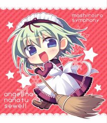  1girl :d ameno_ame angelina_nanatsu_sewell apron blue_eyes blush boots broom brown_boots character_name chibi chibi_only commentary_request copyright_name dress frilled_apron frilled_dress frills from_side full_body green_hair hair_between_eyes hand_up holding holding_broom juliet_sleeves leaning_forward long_sleeves looking_at_viewer maid maid_apron maid_headdress mashiroiro_symphony medium_hair open_mouth outline pink_dress puffy_sleeves red_background simple_background smile solo standing star_(symbol) white_apron white_outline 