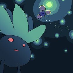  fireflies jumpluff looking_up no_humans oddish open_mouth parted_lips pokemon pokemon_(creature) red_eyes saboteri_(savot) 