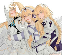  3girls angel_wings blonde_hair blush braid camisole chemise commentary_request fate/grand_order fate_(series) feathered_wings fluffy_clothes frilled_chemise grey_sweater hair_between_eyes head_on_knee headphones headpiece jeanne_d'arc_(fate) juliet_sleeves korean_commentary legwear_cutout long_hair long_sleeves metatron_jeanne_(fate) metatron_jeanne_(first_ascension)_(fate) metatron_jeanne_(second_ascension)_(fate) metatron_jeanne_(third_ascension)_(fate) multiple_girls multiple_wings nekwnek nightgown puffy_sleeves single_braid sleepwear striped_clothes striped_sweater sweater trinity_metatronius_(fate/grand_order) white_camisole white_wings wings yellow_eyes 