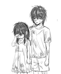 1boy 1girl aged_down blunt_bangs brother_and_sister child commentary dirty dirty_clothes dress english_commentary exhausted greyscale highres looking_at_viewer messy_hair monochrome rain_(shadow_slave) sh1fted_1 shadow_slave shirt short_hair shorts siblings sidelocks standing sunny_(shadow_slave) t-shirt wiping_face 