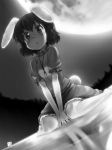  animal_ears between_thighs blush bunny_ears bunny_tail carrot dress dutch_angle forest gradient highres inaba_tewi jewelry monochrome moon moonlight nagian nature necklace rabbit_ears reflection short_hair sitting solo tail touhou v_arms wading wariza water 