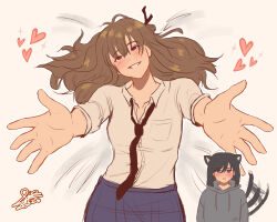  2girls absurdres animal_ears black_hair black_necktie blue_eyes blue_skirt blush brown_hair cat_ears cat_girl cat_tail collared_shirt commentary drawstring grey_hoodie heart highres hood hoodie hug_invitation kemonomimi_mode long_hair looking_at_viewer medium_hair miyagi_shiori multiple_girls necktie parted_lips piapie06 school_uniform sendai_hazuki shirt shuuniichido_classmate_wo_kau_hanashi skirt smile sparkle sweat tail tail_wagging untranslatable_commentary violet_eyes white_shirt yuri 