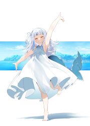  1girl absurdres arched_bangs arm_up bare_arms barefoot blue_streaks closed_eyes collared_dress commentary_request commission dress facing_viewer fins fish_tail full_body gawr_gura grin highres hololive hololive_english long_hair multicolored_hair one_side_up shark_tail sharp_teeth sleeveless sleeveless_dress smile solo standing standing_on_one_leg streaked_hair tail teeth tsushi virtual_youtuber white_dress white_hair 