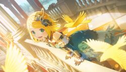  1girl architecture arm_support balcony bare_shoulders bird black_bow black_gloves black_pantyhose blonde_hair bow breasts canary choukoku_no_protagonist_(project_sekai) colorful_palette column detached_collar dot_nose dress flipped_hair frilled_dress frilled_sleeves frills game_cg gloves green_dress green_eyes hair_bow highres juliet_sleeves kagamine_rin layered_dress light_blush light_particles long_sleeves looking_at_animal lower_teeth_only off-shoulder_dress off_shoulder official_alternate_costume official_alternate_hair_ornament official_alternate_hairstyle official_art open_mouth pantyhose pillar project_sekai puffy_sleeves short_hair sidelighting small_breasts solo teeth third-party_source tongue vocaloid wonderlands_x_showtime_rin yellow_bird 
