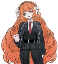  1girl bow collared_shirt commentary cowboy_shot freckles green_eyes hair_bow hairband ishmael_(project_moon) jacket limbus_company long_hair long_sleeves nabi_m_j necktie orange_hair pants parted_lips project_moon red_necktie shirt simple_background solo untranslatable_commentary very_long_hair white_background white_bow white_shirt 