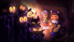  1girl 6+others a_hat_in_time animal_ear_hairband animal_ears blue_bow blue_hairband blue_skirt bow bow_hairband bow_kid brick_wall brown_hair cat cat_ear_hairband cat_ears character_doll commentary crayon curly_hair dark-skinned_female dark_skin doll fake_animal_ears fake_tail furry green_jacket hairband heart highres holding holding_photo hood hood_down hooded_jacket jacket long_sleeves looking_at_another mask medium_hair mouth_mask multicolored_jacket multiple_others official_alternate_costume pants photo_(object) purple_hair purple_jacket purple_pants purple_shoes purple_tail shoes signature skirt snoweater sparkle tail thumbs_up two-tone_jacket violet_eyes white_mask yellow_jacket zipper_pull_tab 