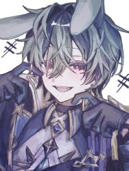  1boy ahoge animal_ears armor belt belt_collar black_belt black_gloves blue_hair blue_shirt choker close-up coat collar collared_shirt commentary_request earrings genshin_impact gloves hair_between_eyes half-closed_eyes hand_on_own_face highres jewelry light_blush lohen_(genshin_impact) long_sleeves looking_at_viewer male_focus mole mole_under_eye multicolored_eyes parted_lips rabbit_ears shirt shoulder_armor smile smug white_background 