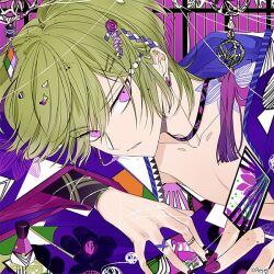  1boy black_nails butterfly_tattoo collarbone commentary_request copyright_logo dear_vocalist expressionless finger_tattoo flower_tattoo from_side green_hair hair_ornament hands_on_floor haori head_on_arm head_rest japanese_clothes leaning_forward logo looking_at_viewer male_focus momochi_(dear_vocalist) multicolored_nails nail_polish no_shirt official_art parted_lips pectoral_cleavage pectorals purple_background purple_haori purple_nails short_hair shoulder_tattoo solo straight_hair suou_(sdurorhr) swept_bangs tattoo tsurime upper_body violet_eyes 