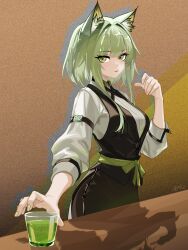  1girl ampatit animal_ear_fluff animal_ears arknights black_vest buttons chinese_commentary closed_mouth commentary_request counter cowboy_shot cup drink drinking_glass drop_shadow eyes_visible_through_hair green_hair grey_shirt hand_up highres kal'tsit_(arknights) looking_at_viewer shirt short_hair_with_long_locks sleeve_garter solo three-quarter_sleeves vest waistcoat 