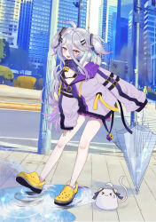  1girl ahoge breasts commentary_request crocs dress grey_hair hair_between_eyes hair_ornament hairpin henya_the_genius highres indie_virtual_youtuber jacket legs long_bangs long_hair looking_at_viewer open_mouth purple_dress purple_jacket ribbon shoes sleeves_past_wrists small_breasts smile solo tensui_byakuya twintails umbrella virtual_youtuber yellow_eyes yellow_shoes zipper_pull_tab 