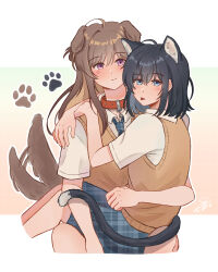  2girls absurdres ahoge animal_ears arm_around_neck black_hair blue_eyes blue_skirt brown_hair brown_sweater_vest cat_ears cat_girl closed_mouth collar collared_shirt commentary dog_ears dog_girl dog_tail highres kemonomimi_mode long_hair medium_hair miyagi_shiori multiple_girls paw_print piapie06 plaid_clothes plaid_skirt pleated_skirt sendai_hazuki shirt shuuniichido_classmate_wo_kau_hanashi sitting sitting_on_lap sitting_on_person skirt smile sweater_vest tail tongue tongue_out untranslatable_commentary violet_eyes white_shirt yuri 