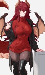  1girl alternate_costume animal_ear_fluff animal_ears black_boots black_jacket black_nails black_pantyhose boots closed_mouth commentary dragon_girl dragon_horns dragon_tail dragon_wings dress highres horns indie_virtual_youtuber jacket long_hair looking_at_viewer meibin nail_polish pantyhose red_dress red_hair smile solo tail thigh_boots virtual_youtuber wings yellow_eyes zentreya zentreya_(dragon) 
