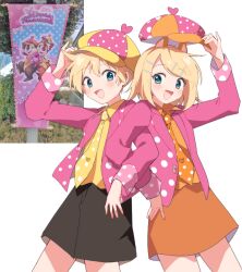  1boy 1girl :d arm_up black_shorts blazer blonde_hair blue_eyes blush chip_(disney) chip_(disney)_(cosplay) chipmunk_ears commentary cosplay cowboy_shot dale_(disney) dale_(disney)_(cosplay) hair_ornament hairclip hand_on_headwear hand_on_own_hip hat heart holding holding_unworn_clothes holding_unworn_hat jacket kagamine_len kagamine_rin locked_arms long_sleeves looking_at_viewer mani_(manidrawings) necktie open_mouth orange_hat orange_necktie orange_skirt parallel_hairclips photo_inset pink_hat pink_jacket polka_dot polka_dot_hat polka_dot_jacket polka_dot_necktie reference_inset short_hair shorts simple_background skirt smile two-tone_hat untranslatable_commentary unworn_hat unworn_headwear vocaloid white_background yellow_hat yellow_nails yellow_necktie 