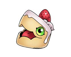  cake cake_slice commentary digimon digimon_(creature) english_commentary food fruit green_eyes no_humans official_style open_mouth oridigi original sewally1399982 simple_background solo strawberry white_background 