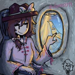  2girls :p ^_^ adapted_costume airplane_interior black_hat black_skirt bow bowtie brown_hair chair character_print check_commentary chinese_clothes churros99 closed_eyes closed_mouth collared_shirt commentary_request hair_bow hat hat_bow heart highres instagram_username long_sleeves maribel_hearn medium_hair mob_cap multiple_girls retrospective_53_minutes ribbon-trimmed_collar ribbon-trimmed_sleeves ribbon_trim round_window shirt skirt smile solo_focus spanish_commentary star_(symbol) tapping_finger tongue tongue_out touhou usami_renko white_bow white_shirt window 