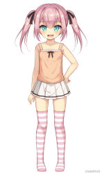  1girl :d aoi_aruma aqua_eyes breasts camisole collarbone commentary_request full_body hair_between_eyes hair_ribbon hand_on_own_hip highres long_hair miniskirt open_mouth original pleated_skirt ribbon sidelocks simple_background skirt small_breasts smile standing striped_clothes striped_thighhighs thigh-highs twintails white_background white_skirt 