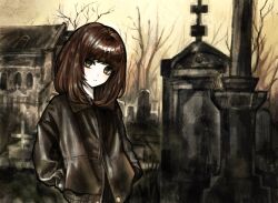  1girl bare_tree black_jacket brown_hair commentary commission english_commentary gd783hhh graveyard hands_in_pockets head_tilt highres jacket leather leather_jacket long_eyelashes looking_at_viewer medium_hair original outdoors solo swept_bangs tombstone tree yellow_eyes 