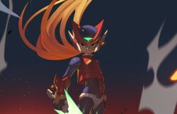  1boy blonde_hair bodysuit closed_mouth embers floating_hair gradient_background headgear helmet holding holding_weapon male_focus mega_man_(series) mega_man_zero_(series) orlek smoke solo standing weapon z_saber zero(z)_(mega_man) zero_(mega_man) 