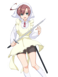  1boy ahoge apron axis_powers_hetalia blue_eyes brown_hair brown_shorts collared_shirt commentary_request crossdressing crossdressing_(mtf) decoco feet_out_of_frame frilled_apron frills hair_between_eyes headscarf holding holding_sword holding_weapon long_sleeves looking_at_viewer male_focus open_mouth shirt short_hair shorts simple_background smile socks solo southern_italy_(hetalia) sword weapon white_background white_headscarf white_shirt white_socks yellow_apron 