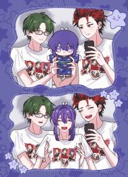  3boys :< :d ahoge akatsuki_(ensemble_stars!) alternate_costume band_shirt black_hair blue_kimono border character_doll closed_eyes closed_mouth commentary_request curtained_hair doll earrings ensemble_stars! furrowed_brow glasses green_eyes green_hair grey-framed_eyewear grey_background hair_between_eyes hair_intakes hasumi_keito highres holding holding_doll holding_phone japanese_clothes jewelry kanzaki_souma kimono kiryu_kuro korean_commentary lifting_person long_hair looking_at_object male_focus merchandise motoyui multicolored_hair multiple_boys multiple_earrings parted_bangs phone ponytail purple_border purple_hair raised_inner_eyebrows rectangular_eyewear red_hair sandals shadow shirt short_hair sidelocks smile spiky_hair star_(symbol) streaked_hair t-shirt teeth upper_teeth_only v-shaped_eyebrows violet_eyes white_shirt xiwivixi zouri 