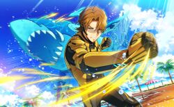  1boy beach beach_umbrella blue_sky bodysuit brown_eyes brown_hair clenched_hand clenched_hands clenched_teeth clouds day facial_hair game_cg gloves goatee happy_elements helios_rising_heroes highres jay_kidman male_focus non-web_source official_art outdoors palm_tree punching shark sky solo teeth tree umbrella water water_drop 