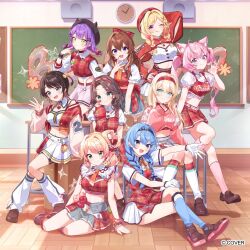  6+girls :d ;q aki_rosenthal antenna_hair arm_behind_back beret black_choker black_hair black_hat blonde_hair blue_hair blue_hairband blue_socks bow braid brown_hair brown_shoes chair choker classroom claw_pose closed_mouth collared_shirt commentary_request copyright_notice cropped_jacket cropped_shirt cropped_sweater denim denim_skirt desk fake_horns frilled_sleeves frills full_body gloves grey_skirt hair_bow hair_rings hairband hakui_koyori hat hololive horned_headwear horns hoshimachi_suisei indoors jacket kazama_iroha kneehighs leg_warmers legwear_garter loafers long_hair looking_at_viewer low_twin_braids medium_hair miniskirt momosuzu_nene multiple_girls natsuiro_matsuri official_alternate_costume official_alternate_hairstyle official_art one_eye_closed one_side_up oozora_subaru open_mouth pink_hair pink_hairband pink_socks pink_sweater pisuke_wan plaid_bow plaid_clothes plaid_hat plaid_jacket plaid_shirt plaid_vest pleated_skirt puffy_short_sleeves puffy_sleeves purple_hair raglan_sleeves red_bow red_hairband red_hat red_jacket red_shirt red_shrug red_vest school_chair school_desk shirt shoes short_hair short_sleeves shrug_(clothing) single_hair_ring sitting skirt smile socks standing sweater sweater_vest tokino_sora tokoyami_towa tongue tongue_out twin_braids twintails vest white_gloves white_leg_warmers white_shirt white_shrug white_skirt wooden_floor yokozuwari 