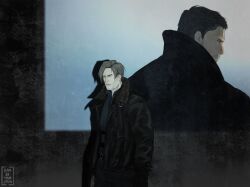  2boys back-to-back black_hair black_jacket black_shirt chris_redfield collared_shirt commentary drop_shadow english_commentary fur_trim grey_hair hands_in_pockets highres jacket leon_s._kennedy male_focus multiple_boys popped_collar projector_screen rambutanjpeg resident_evil resident_evil_requiem resident_evil_village shirt short_hair 