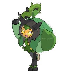  club_(weapon) colored_skin fangs full_body highres holding holding_club holding_weapon ivy_cudgel_(pokemon) muru_zatta ogerpon open_mouth orange_skin pokemon pokemon_(creature) pokemon_focus pokemon_scarlet_and_violet spikes standing standing_on_one_leg star-shaped_pupils star_(symbol) symbol-shaped_pupils weapon yellow_eyes 