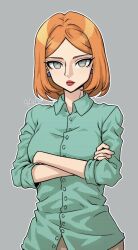  1girl aqua_shirt breasts commentary crossed_arms danganronpa_(series) earrings family_guy grey_eyes highres jewelry large_nose lipstick lois_griffin looking_at_viewer makeup orange_hair rkgkrabu shirt stud_earrings 