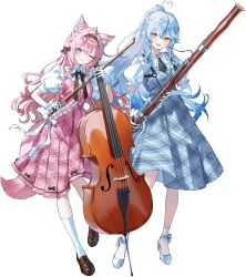 2girls absurdres ahoge animal_ear_fluff animal_ears antenna_hair black_necktie blue_dress blue_shoes bow bowtie braid brown_bow brown_bowtie brown_shoes closed_mouth dress dress_bow elbow_gloves elf full_body gloves hair_between_eyes hair_bow hakui_koyori high_heels highres holding holding_instrument hololive instrument kneehighs loafers long_hair looking_at_viewer multiple_girls necktie official_art one_eye_closed open_mouth pink_dress pink_hair pointy_ears ponytail shoes short_sleeves simple_background smile socks standing tail transparent_background very_long_hair violet_eyes virtual_youtuber white_bow white_gloves white_socks wolf_ears wolf_girl wolf_tail yellow_eyes yukihana_lamy 