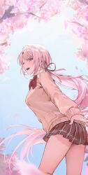  1girl absurdres blue_sky blush bow bowtie breasts cardigan cherry_blossoms collared_shirt commentary day english_commentary hair_ornament hair_ribbon hairclip highres ingchi large_breasts long_hair long_sleeves low_ponytail nijisanji open_mouth outdoors pink_eyes pink_hair plaid_clothes plaid_skirt pleated_skirt ponytail red_bow red_bowtie red_skirt ribbon shiina_yuika shiina_yuika_(1st_costume) shirt skirt sky smile solo teeth tongue tree twisted_torso upper_teeth_only virtual_youtuber white_shirt yellow_cardigan 